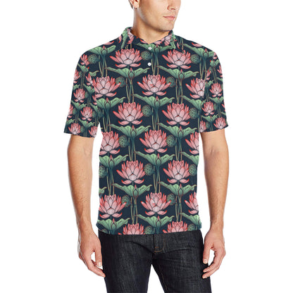 Water Lily Pattern Print Design WL03 Men Polo Shirt