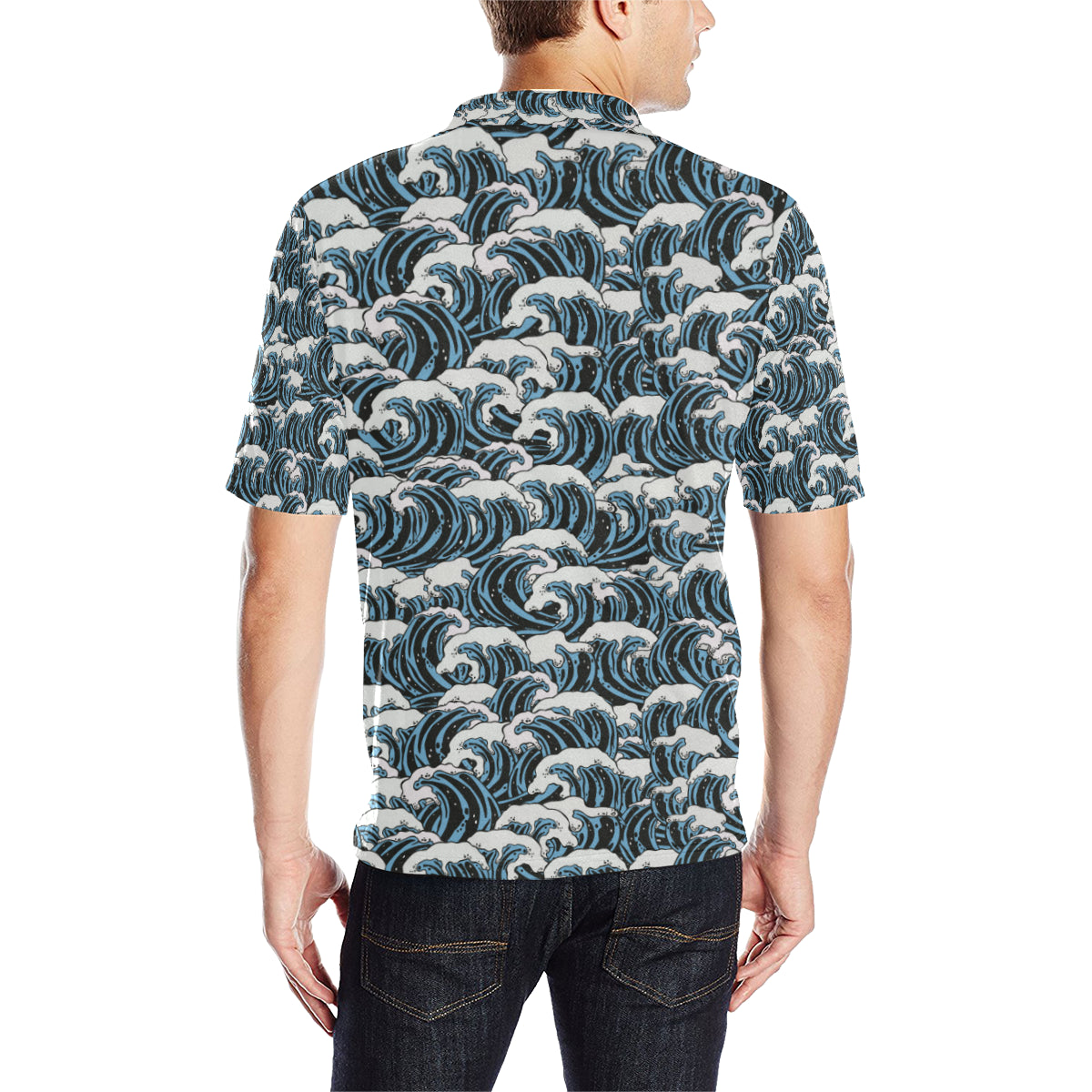 Surf Wave Pattern Print Men Polo Shirt