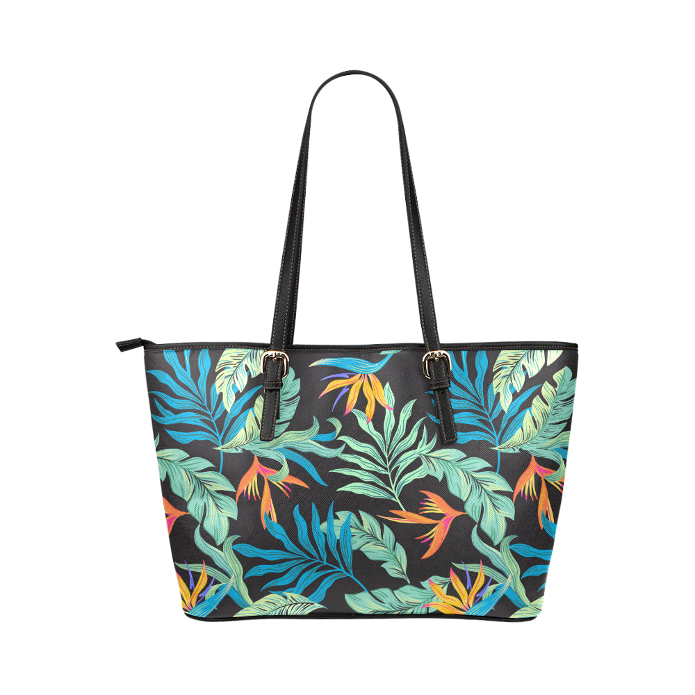 Tropical Palm Leaves Hawaiian Flower Leather Tote Bag