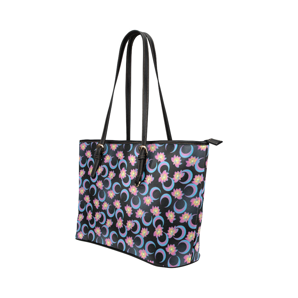 Lotus with Moon Pink Print Themed Leather Tote Bag