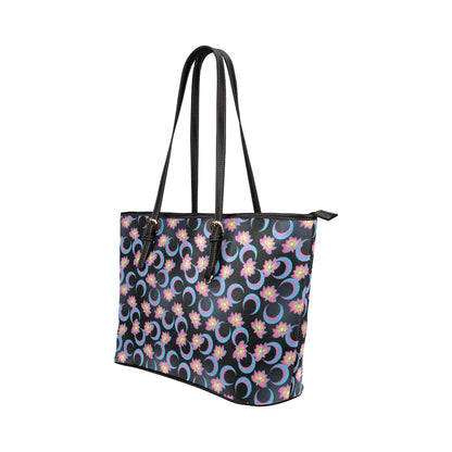 Lotus with Moon Pink Print Themed Leather Tote Bag