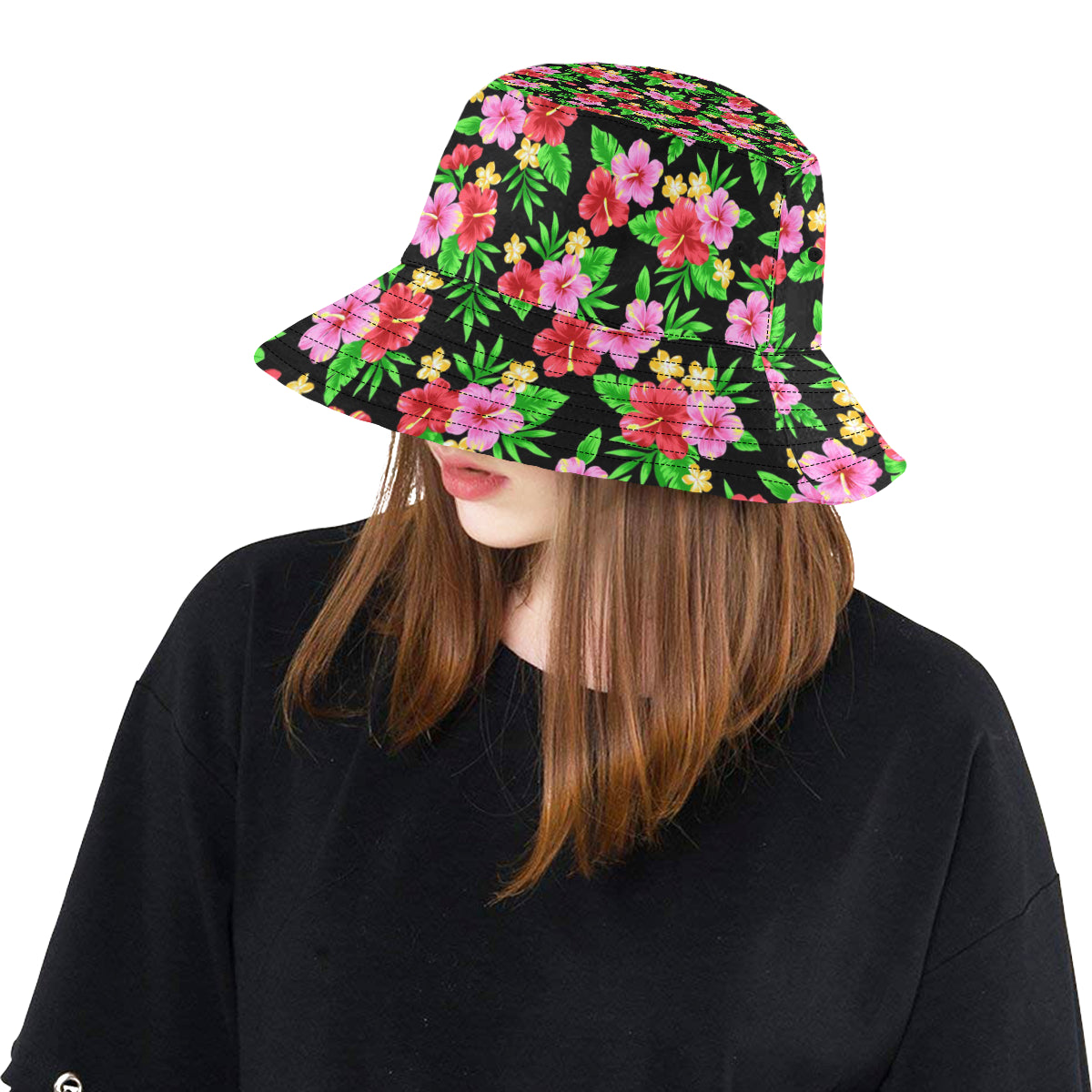 Pink Red Hibiscus Pattern Print Design HB023 Unisex Bucket Hat