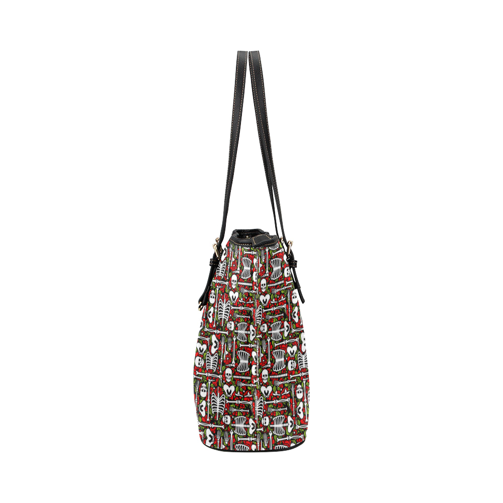 Skeleton Pattern Print Leather Tote Bag