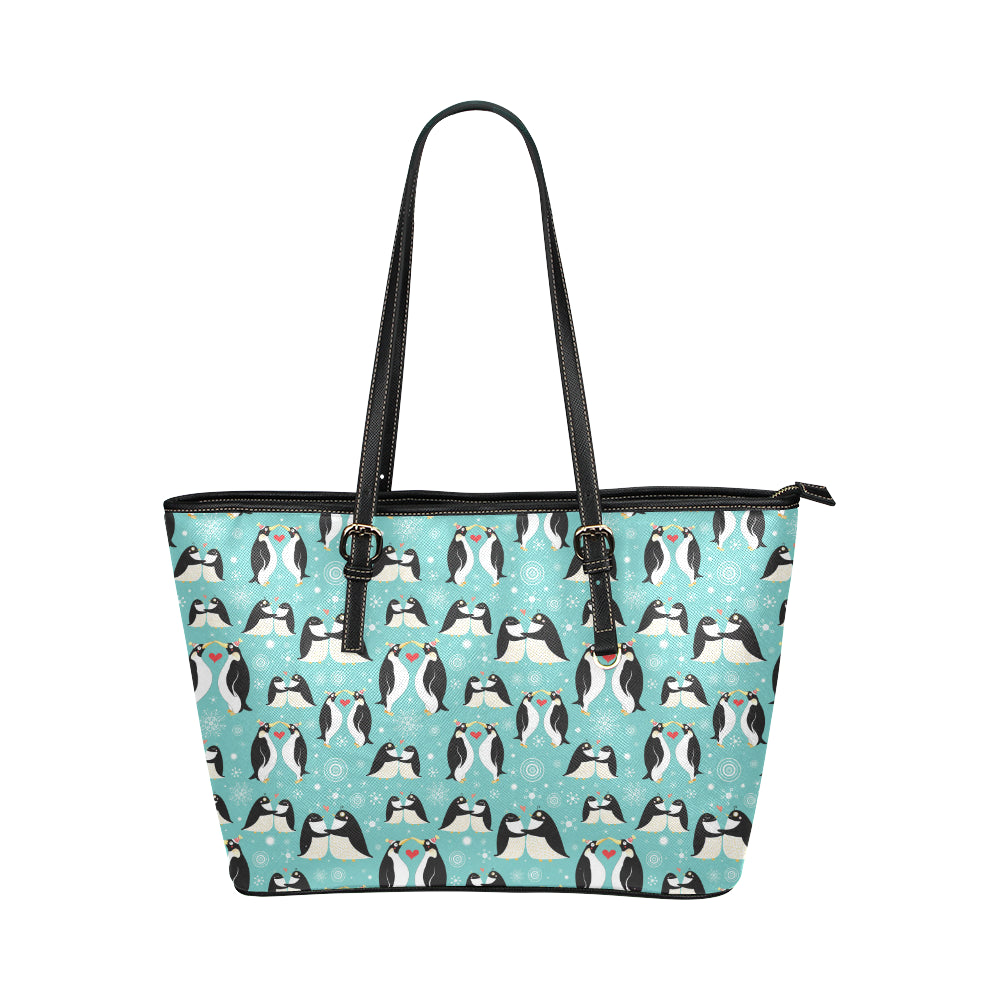 Penguin Love Print Leather Tote Bag