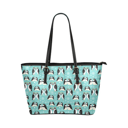 Penguin Love Print Leather Tote Bag