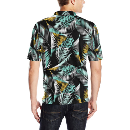 Gold Glitter Cyan Tropical Palm Leaves Men Polo Shirt