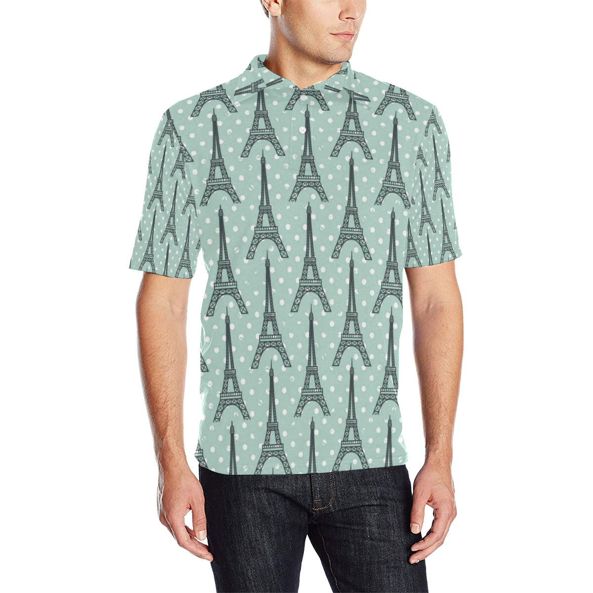 Eiffel Tower Polka Dot Print Men Polo Shirt