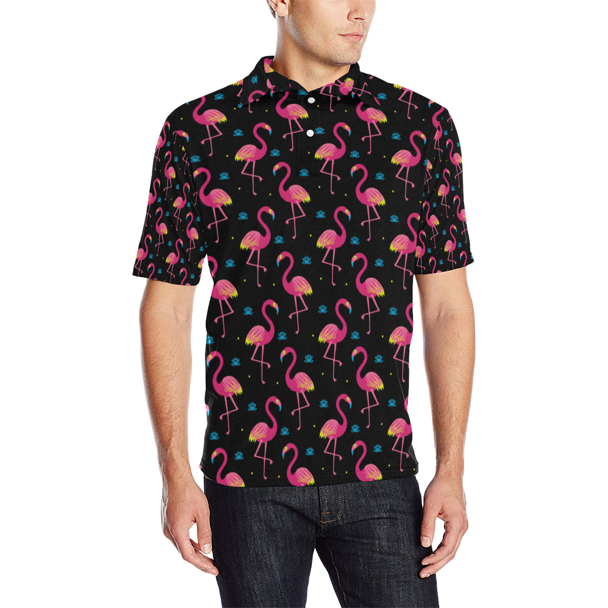 Flamingo Pink Neon Print Pattern Men Polo Shirt