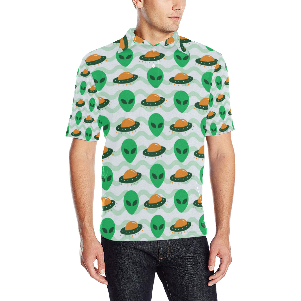 Alien UFO Pattern Print Design 04 Men Polo Shirt