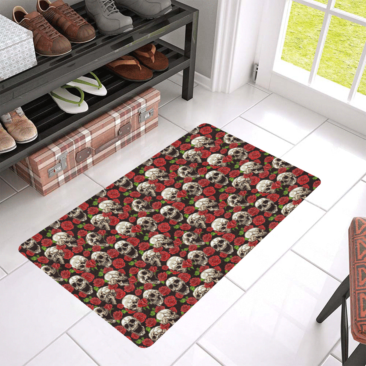 Skull Roses Design Themed Print Rubber Doormat