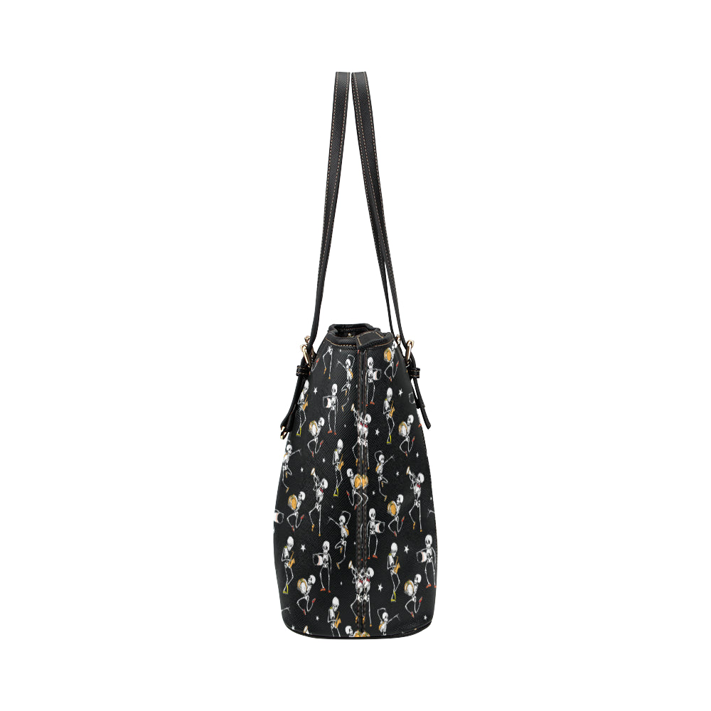 Skeleton Dance Print Leather Tote Bag