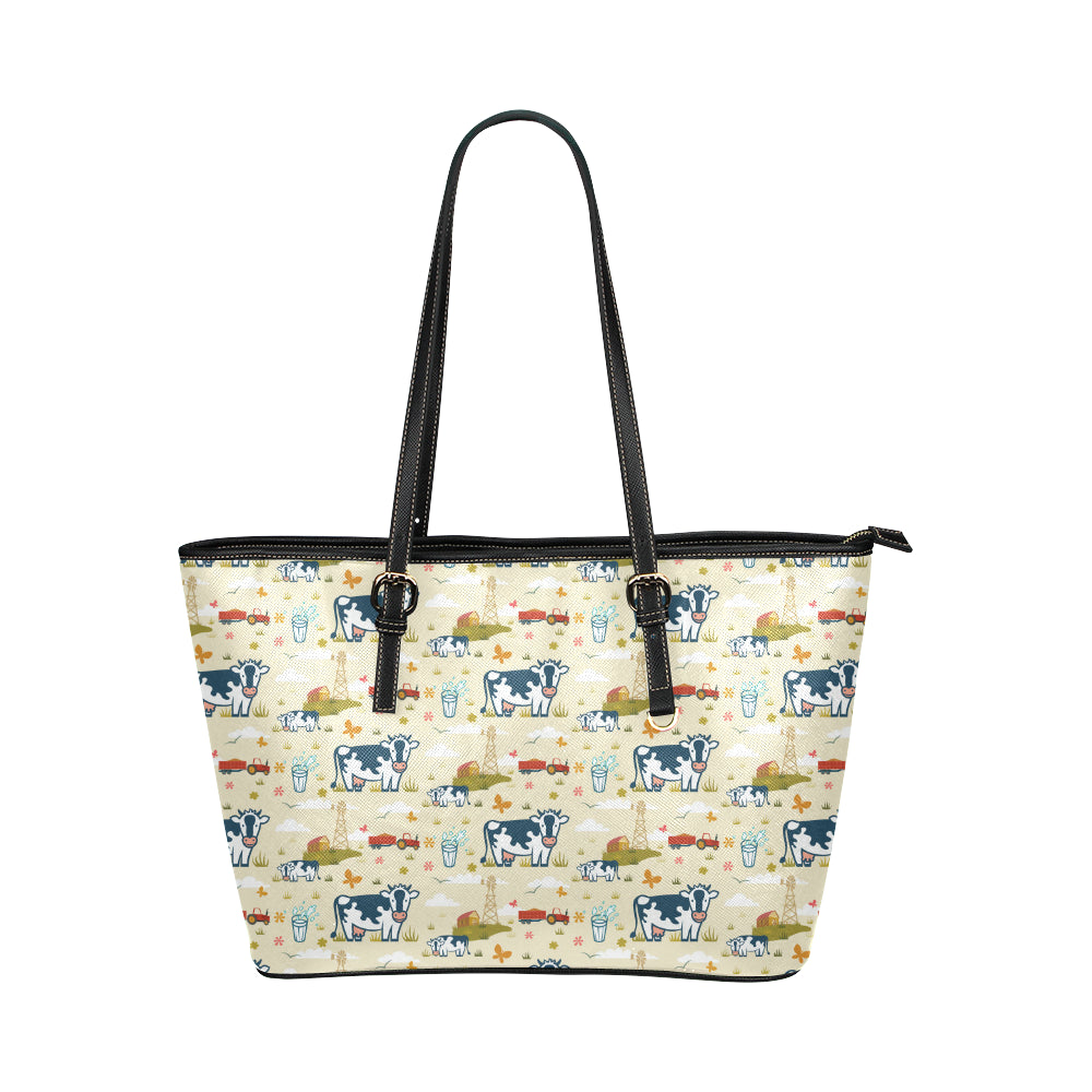 Cow Farm Design Print Leather Tote Bag