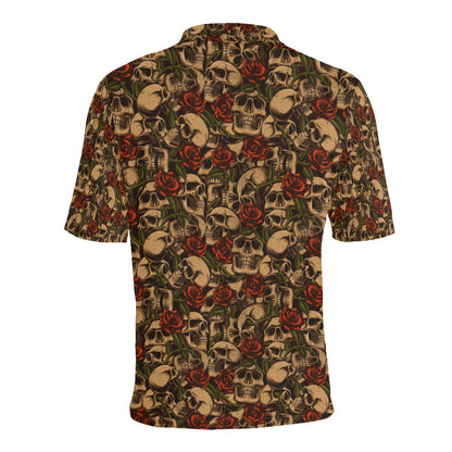 Skull Roses Vintage Design Themed Print Men Polo Shirt