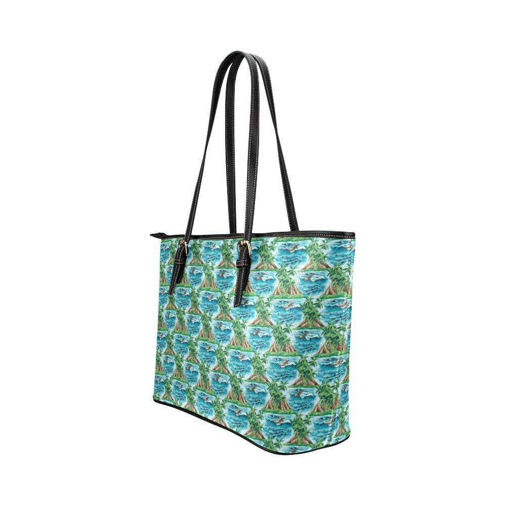 Palm Tree Hawaiian Themed Design Print Leather Tote Bag