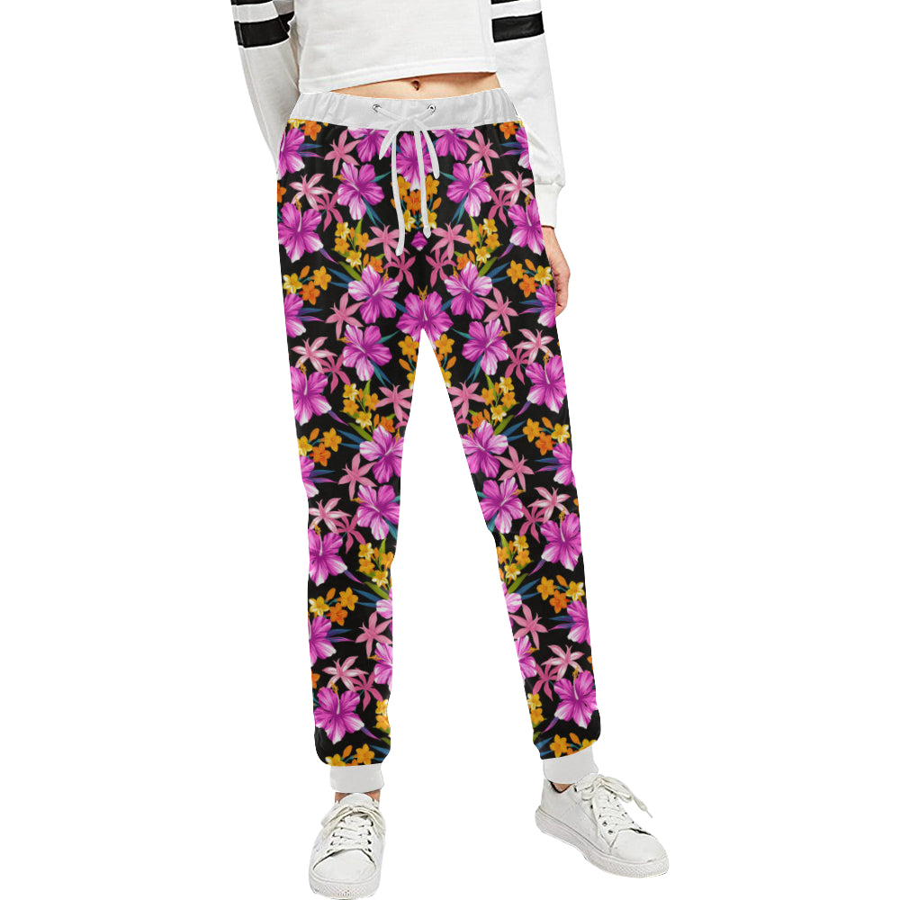 Tropical Folower Pink Hibiscus Print Unisex Sweatpants