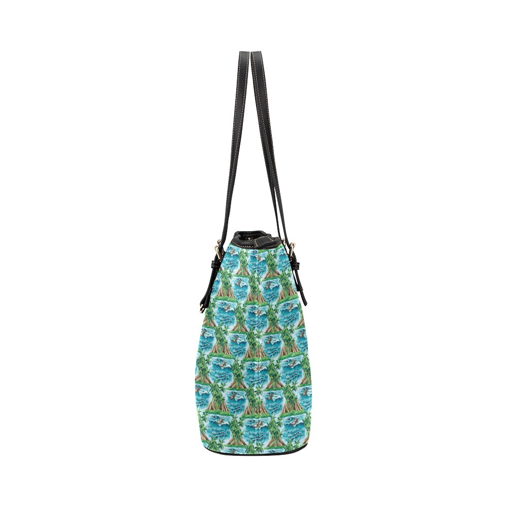 Palm Tree Hawaiian Themed Design Print Leather Tote Bag