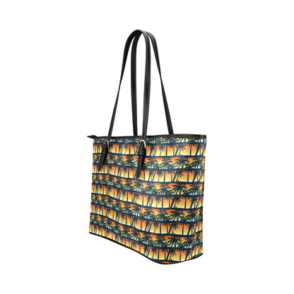 Palm Tree Sunset Design Print Leather Tote Bag