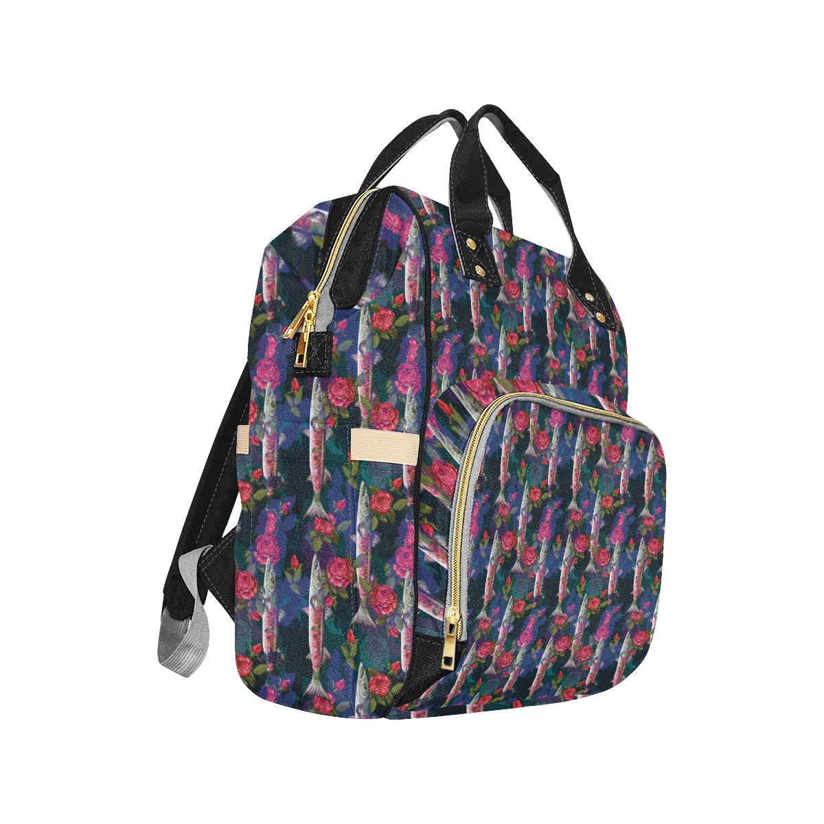 Barracuda with Folwer Pattern Print Design 01 Diaper Bag Backpack