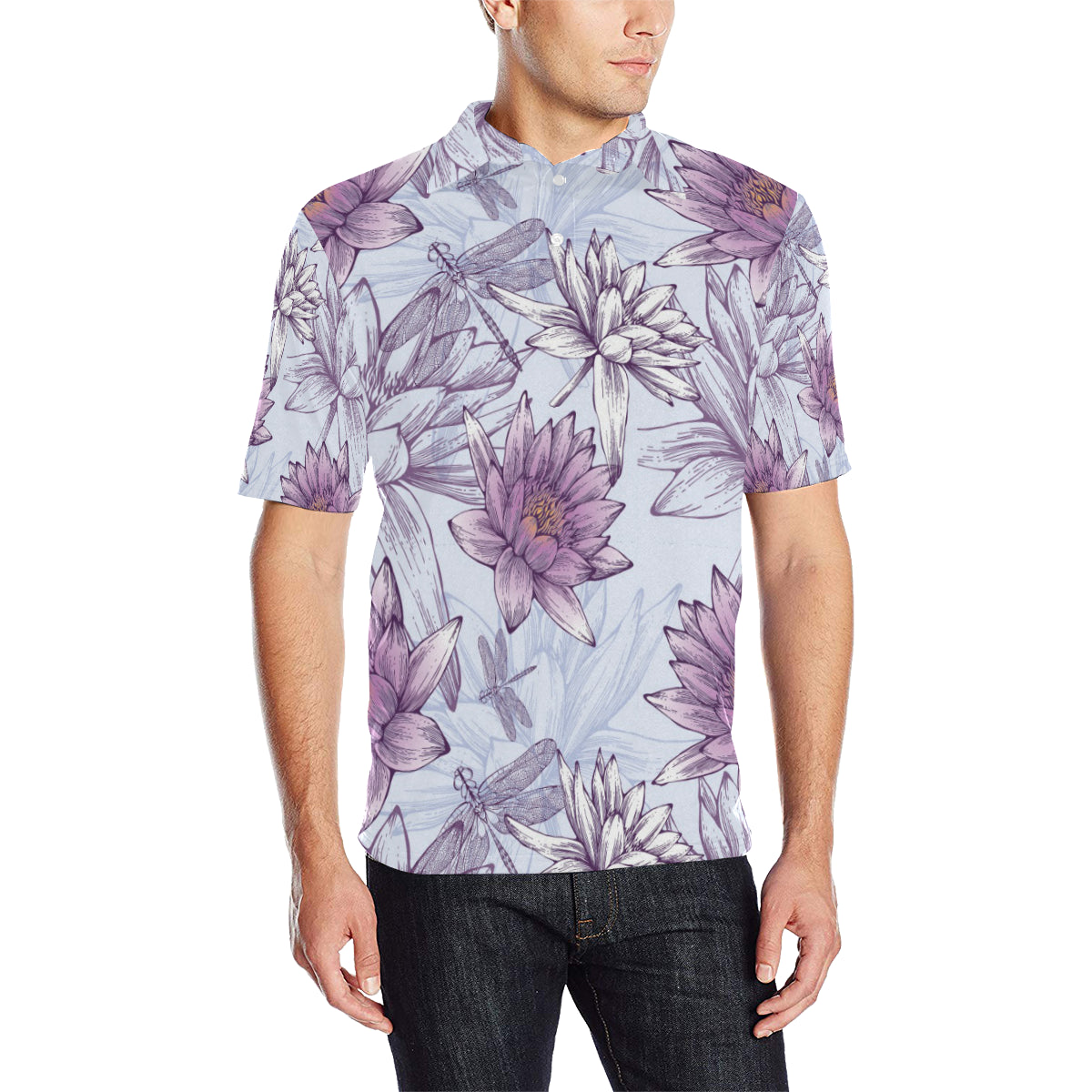 Water Lily Pattern Print Design WL01 Men Polo Shirt