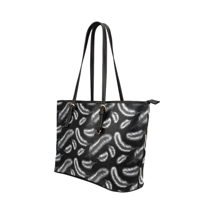 Feather Black White Design Print Leather Tote Bag
