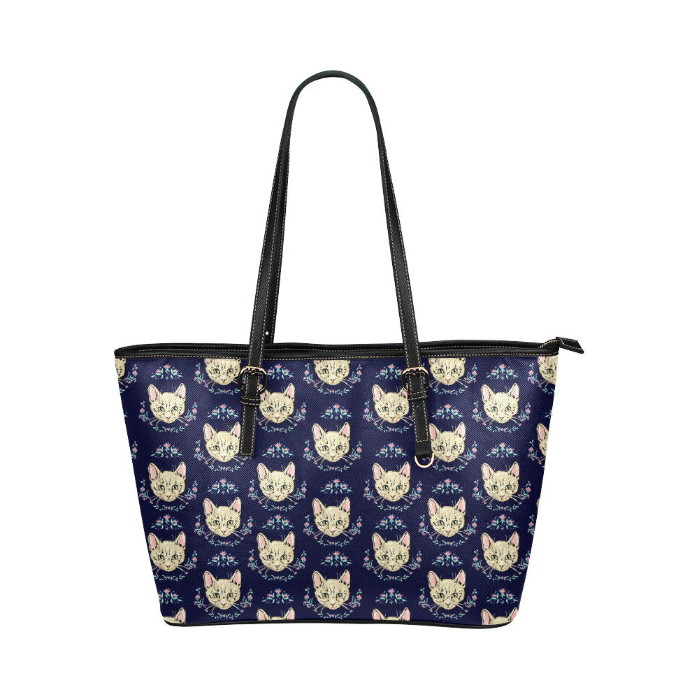 Cat Head with flower Print Pattern Leather Tote Bag