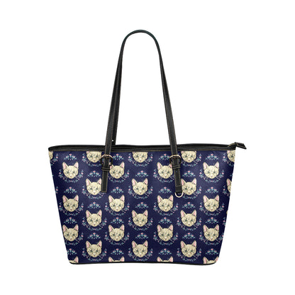 Cat Head with flower Print Pattern Leather Tote Bag