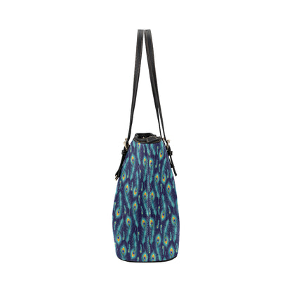 Peacock Feather Blue Design Print Leather Tote Bag