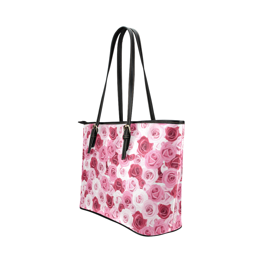 Pink Red Rose Pattern Print Leather Tote Bag