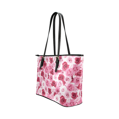 Pink Red Rose Pattern Print Leather Tote Bag
