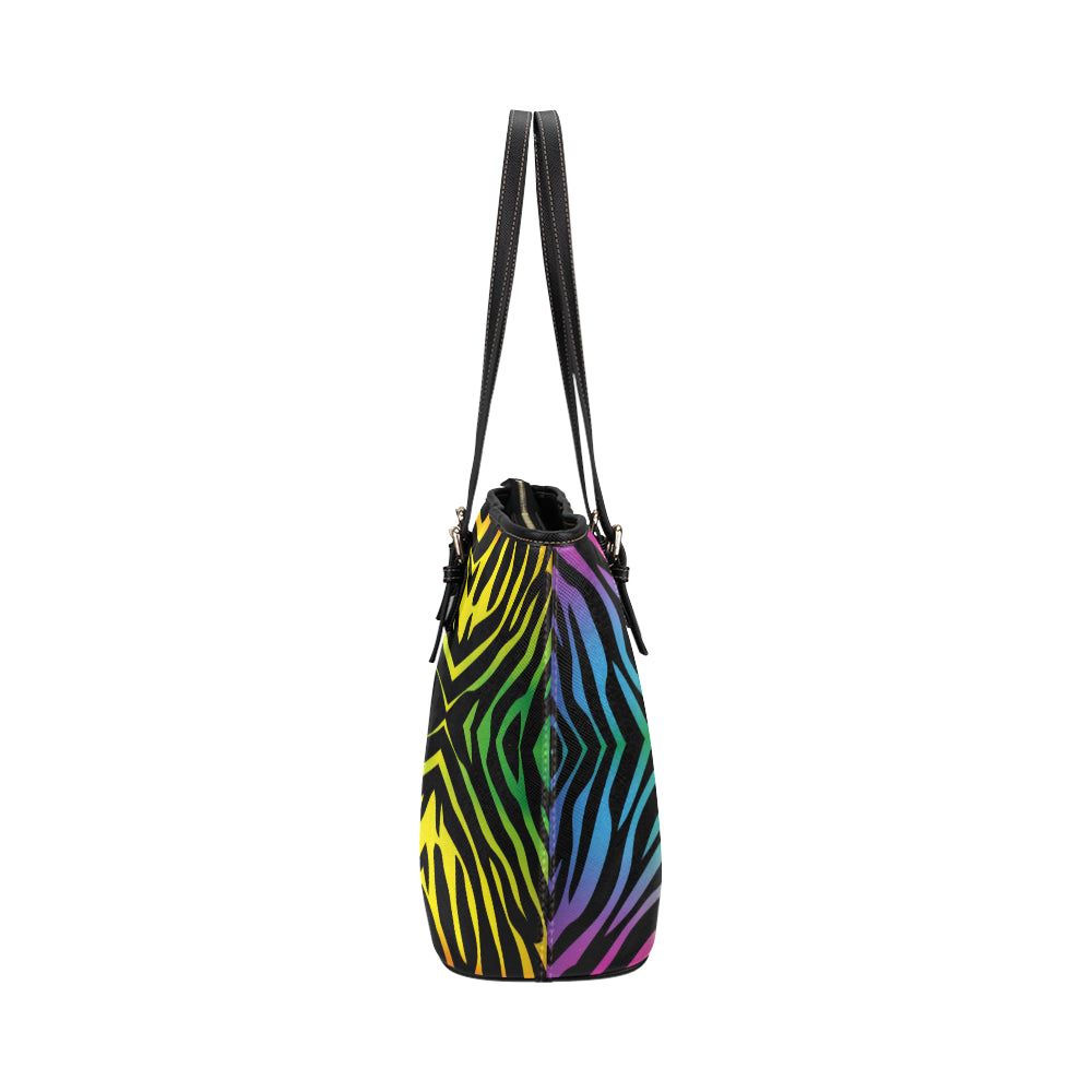 Rainbow Zebra Themed Print Leather Tote Bag