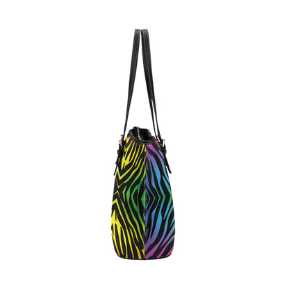 Rainbow Zebra Themed Print Leather Tote Bag