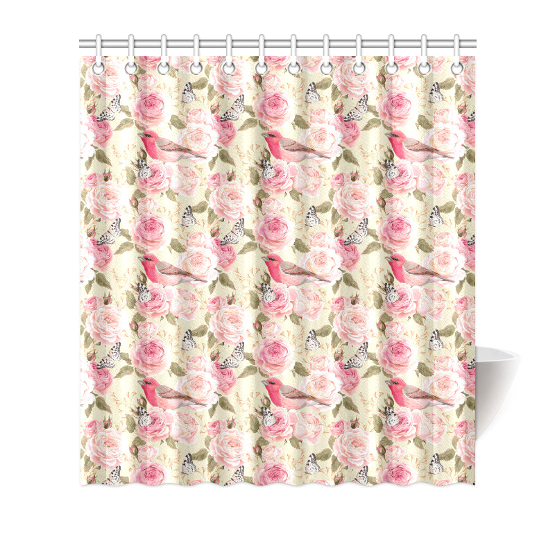 Bird Butterfly Pink Flower Print Pattern Shower Curtain