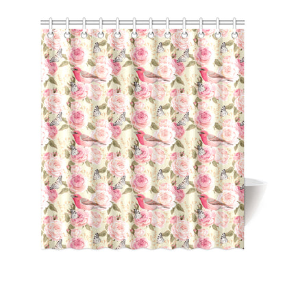 Bird Butterfly Pink Flower Print Pattern Shower Curtain