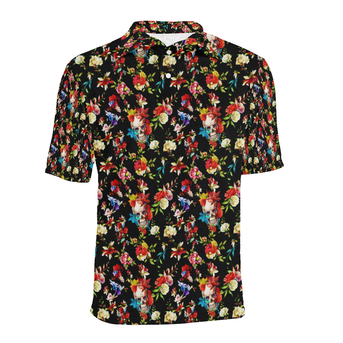 Skull Roses Flower Design Themed Print Men Polo Shirt
