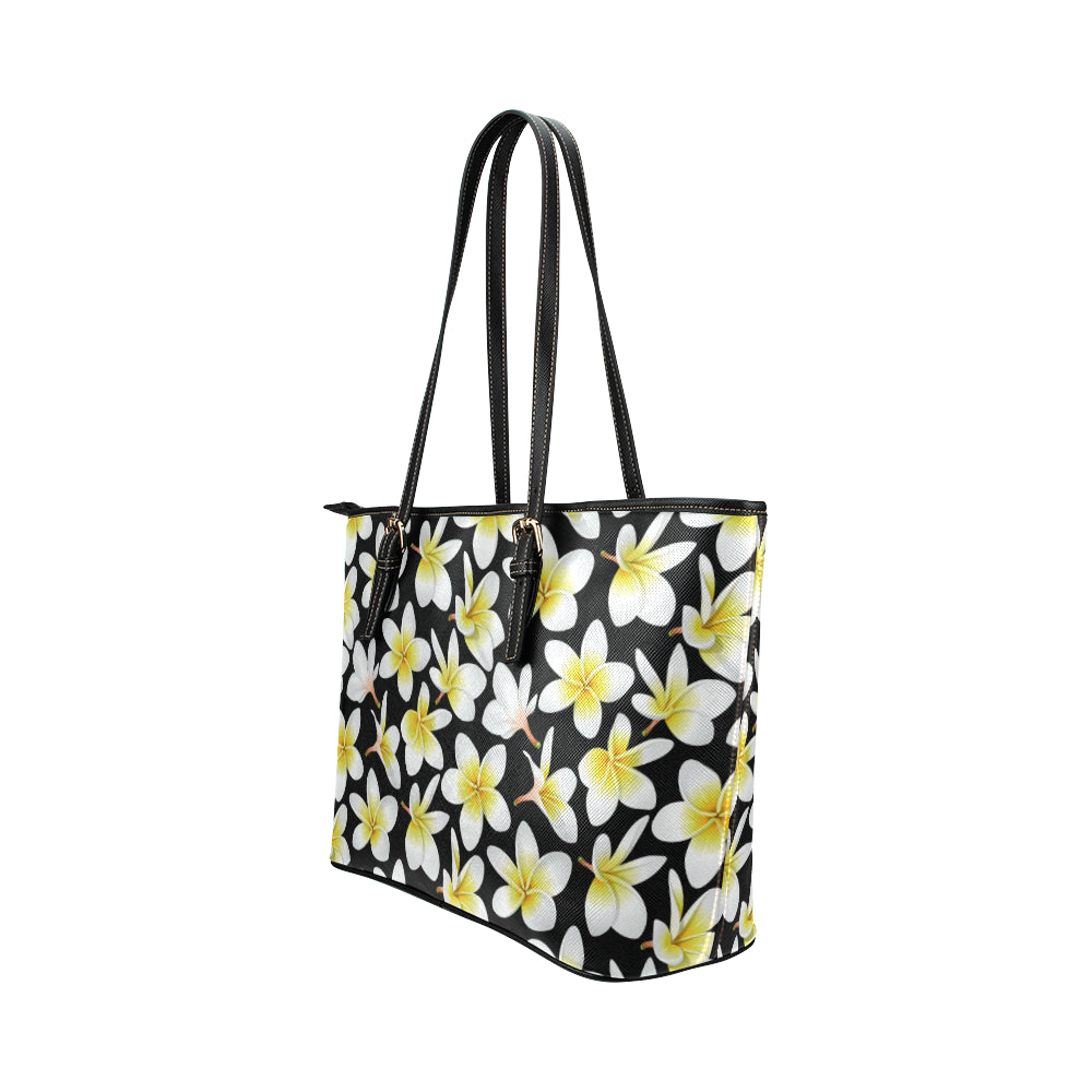 Yellow Plumeria Hawaiian Flowers Leather Tote Bag