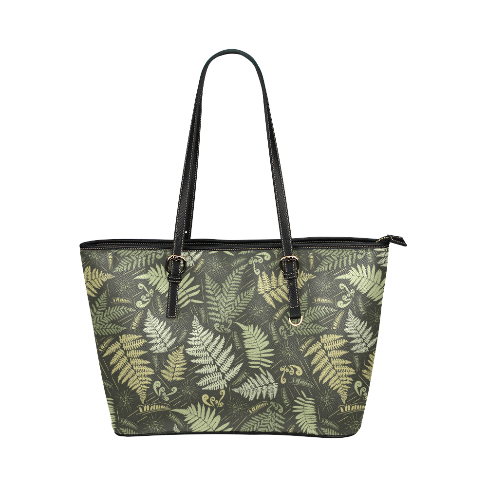 Fern Leave Green Print Pattern Leather Tote Bag