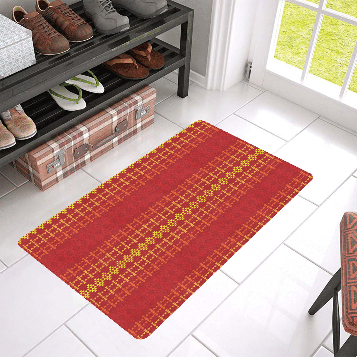 Southwest Red Gold Design Themed Print Rubber Doormat
