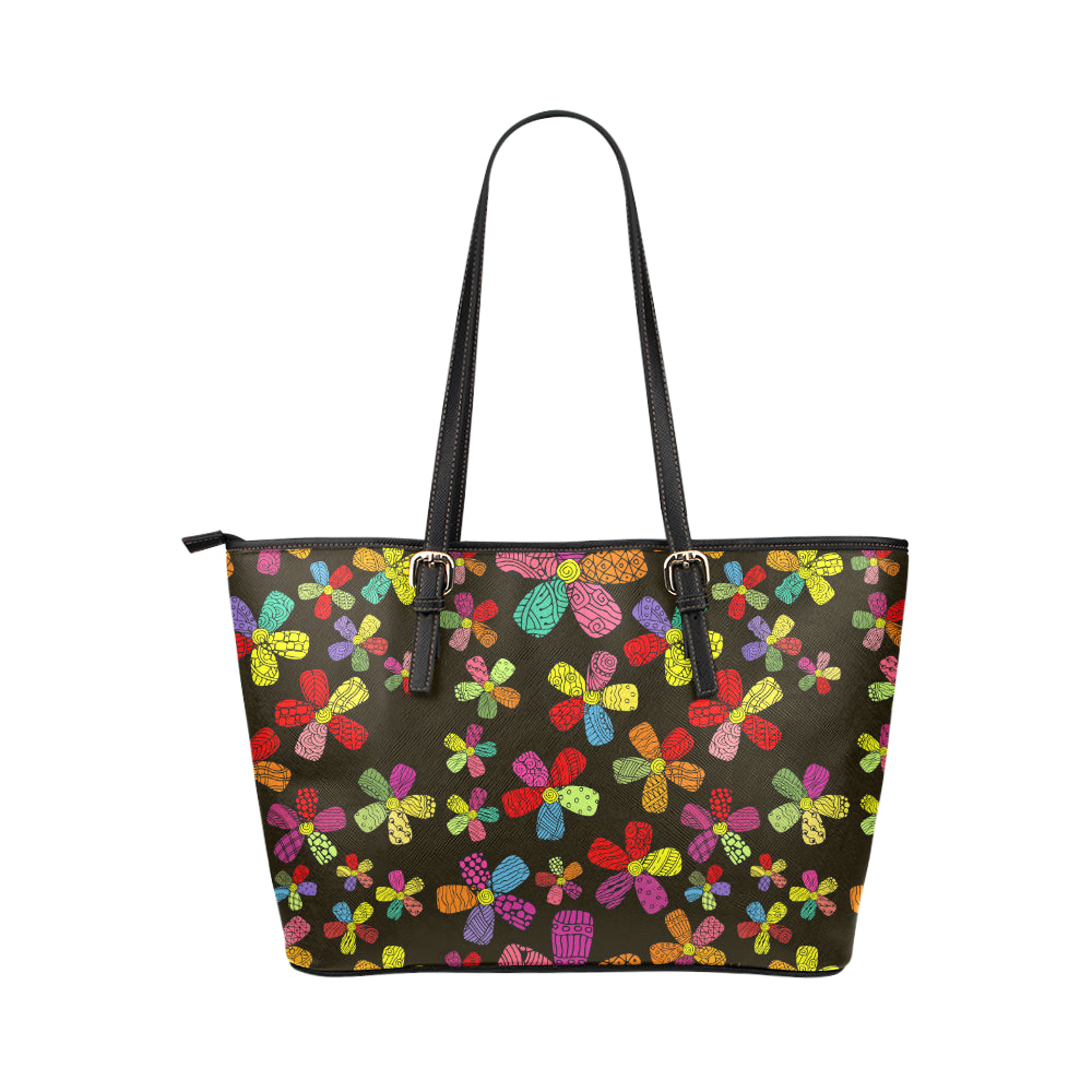 Flower Power Colorful Print Pattern Leather Tote Bag