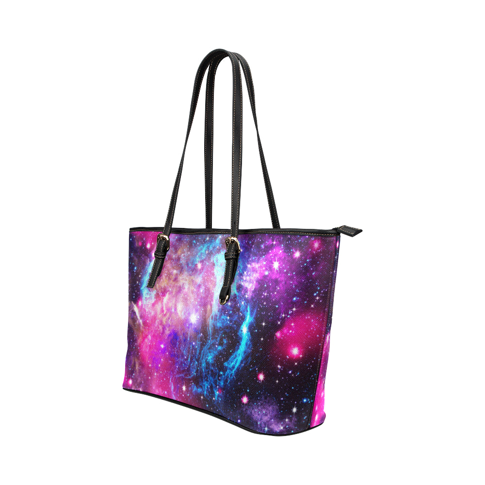 Galaxy Night Purple Space Print Leather Tote Bag