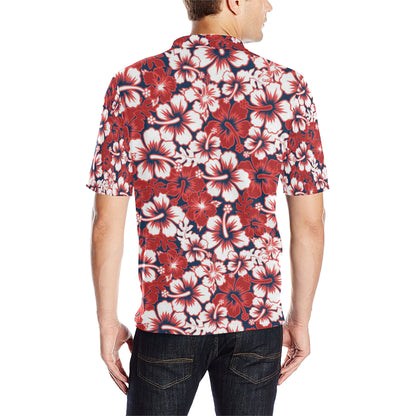 Red Hibiscus Pattern Print Design HB01 Men Polo Shirt