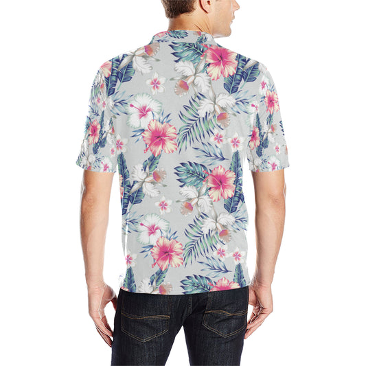 Hibiscus Print Men Polo Shirt
