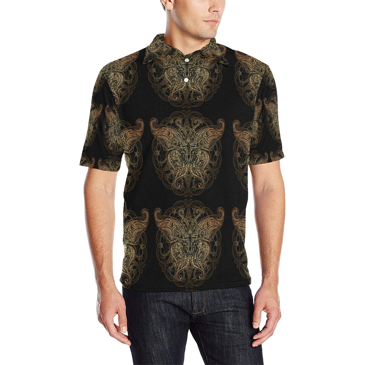 Gold Butterfly Ornamental Men Polo Shirt