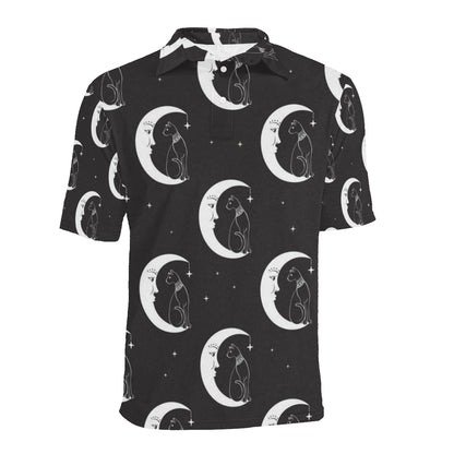 Moon with Cat Pattern Print Design 04 Men Polo Shirt