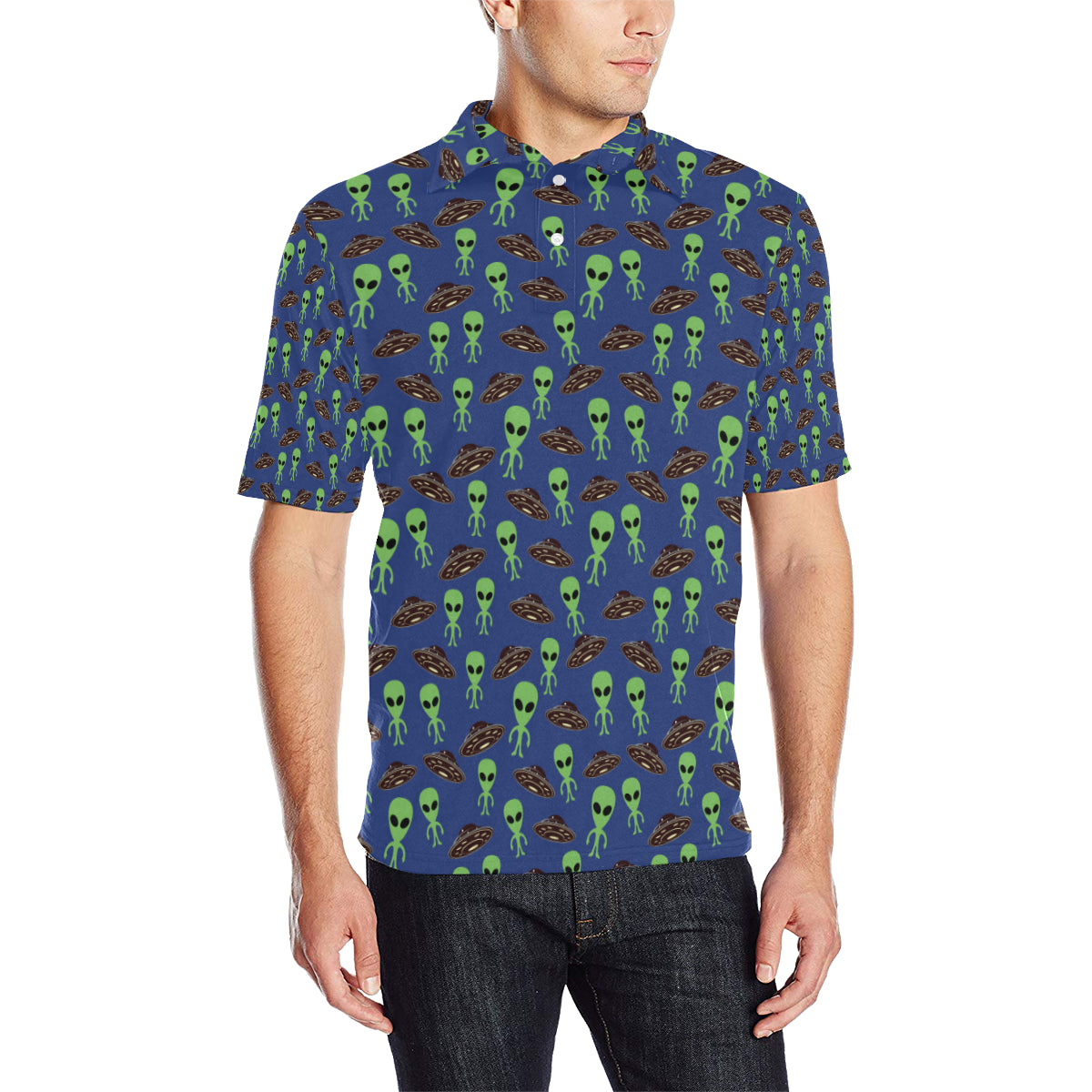 Alien Green UFO Pattern Men Polo Shirt