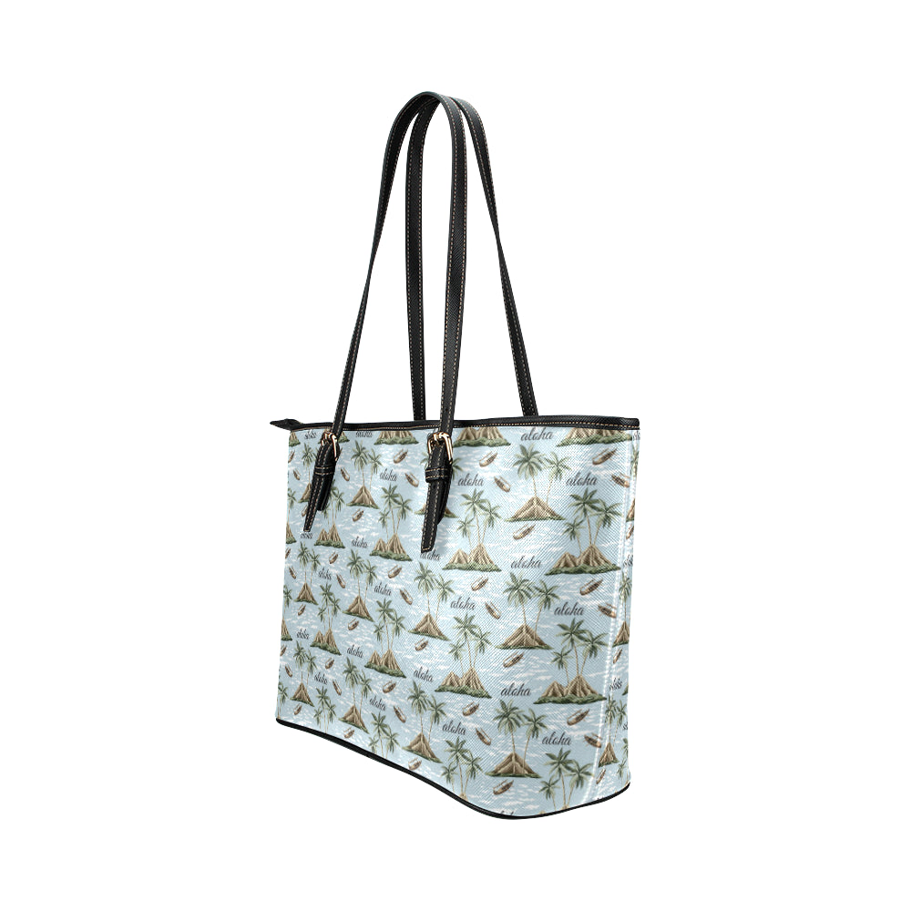 Aloha Hawaii island Design Themed Print Leather Tote Bag