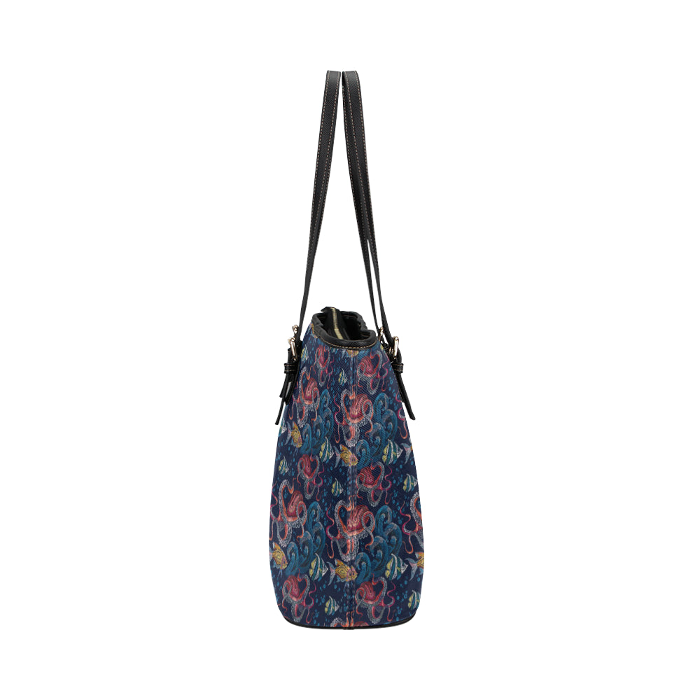 Octopus Deep Sea Print Themed Leather Tote Bag