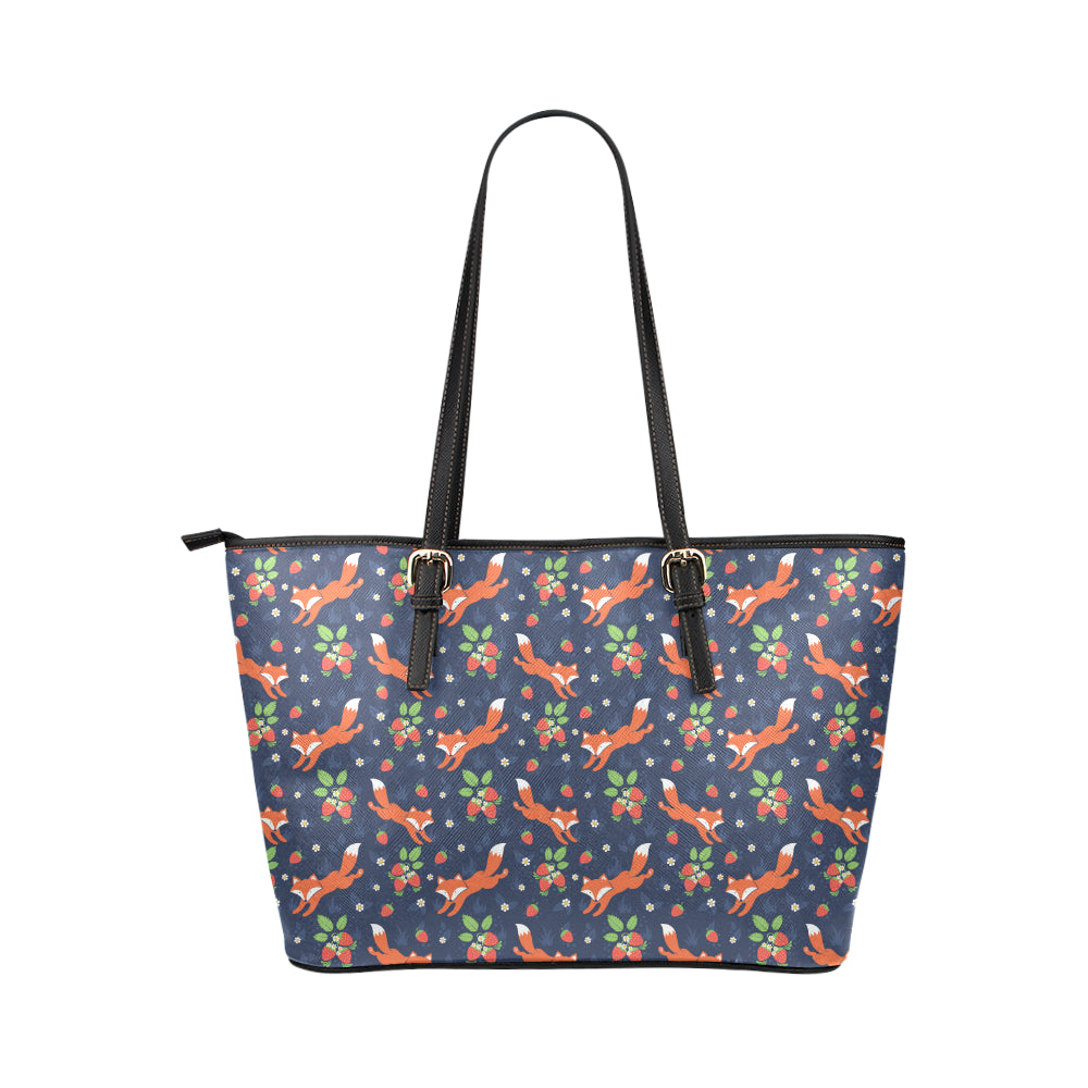 Fox Strawberry Print Pattern Leather Tote Bag
