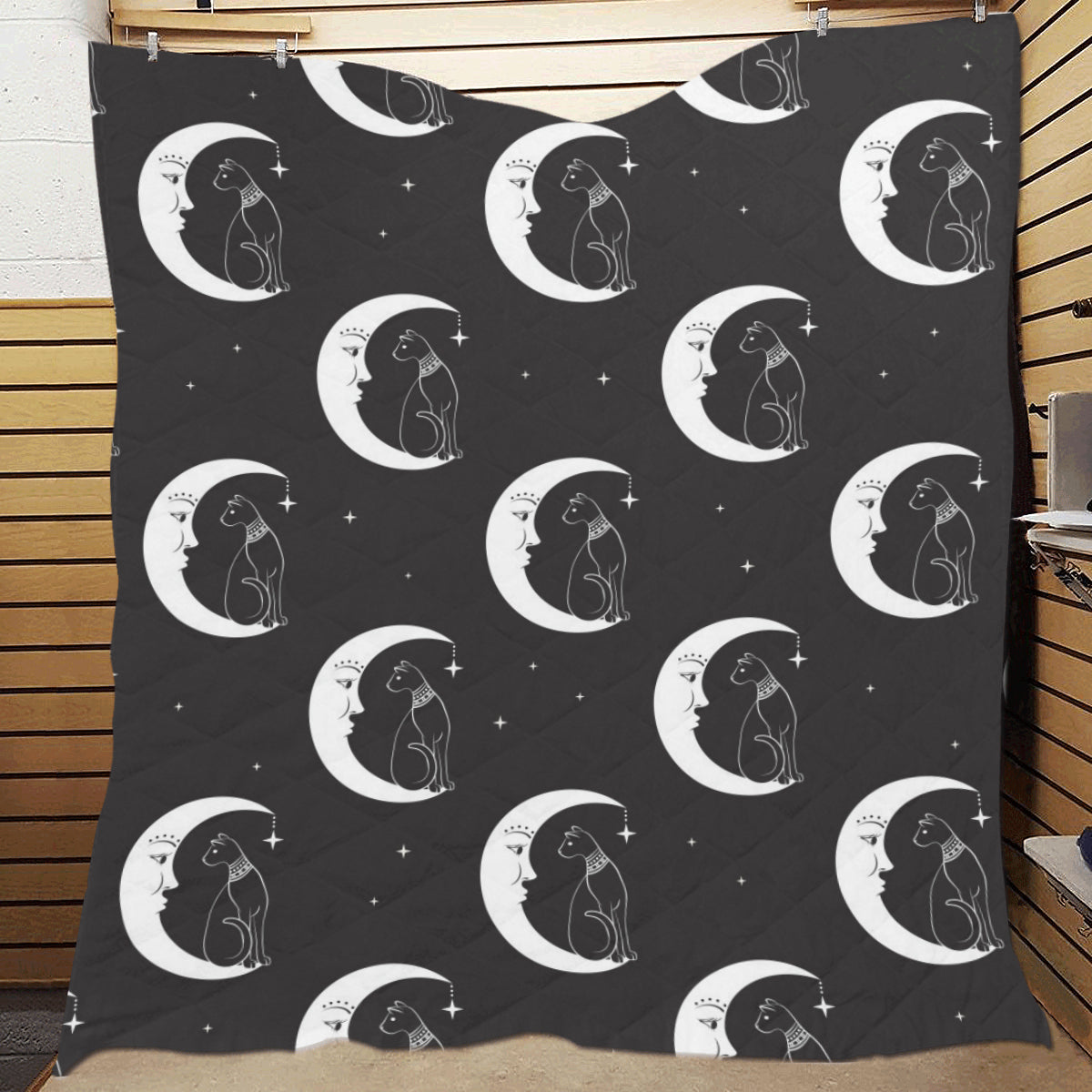 Moon with Cat Pattern Print Design 04 Premium Quilt
