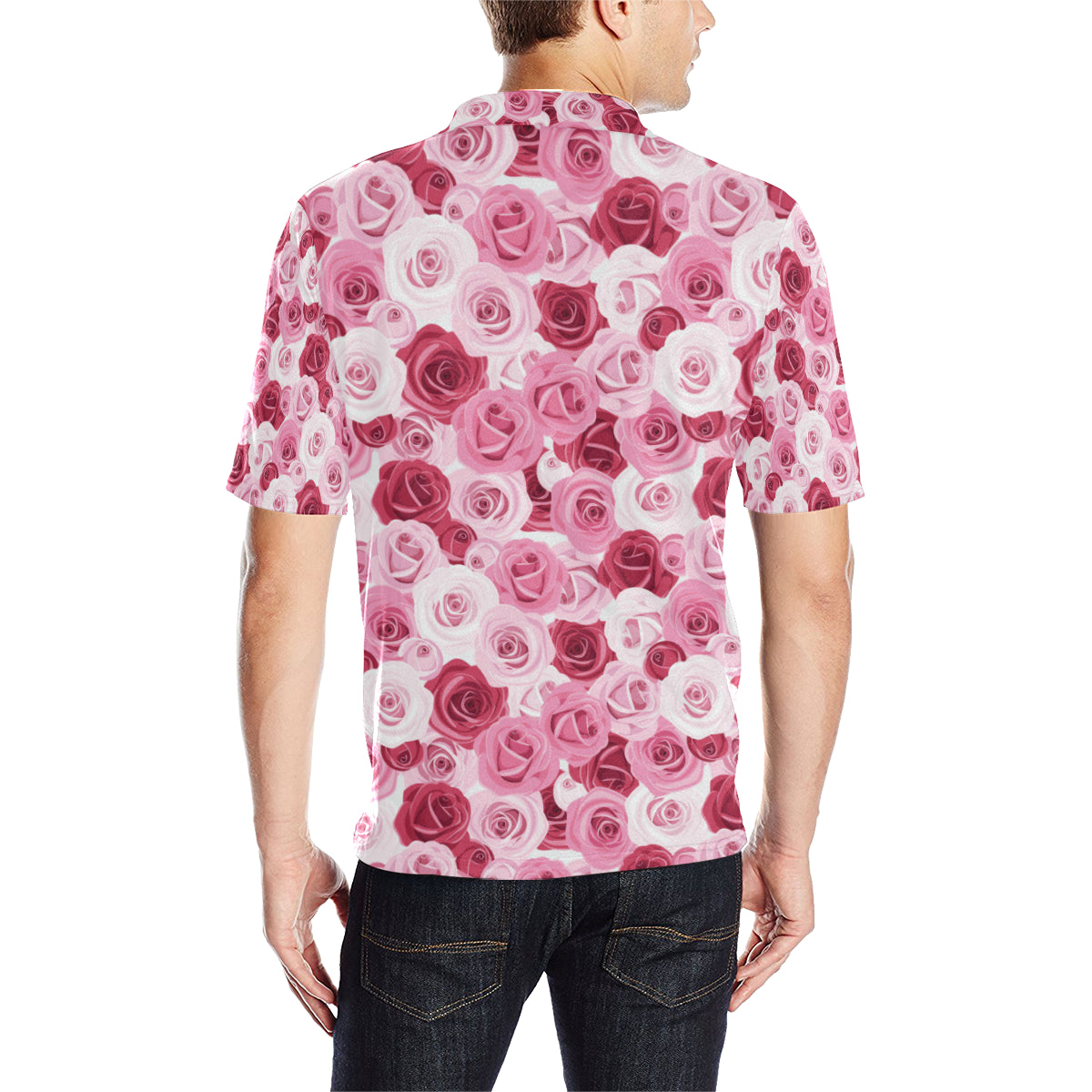 Pink Red Rose Pattern Print Men Polo Shirt