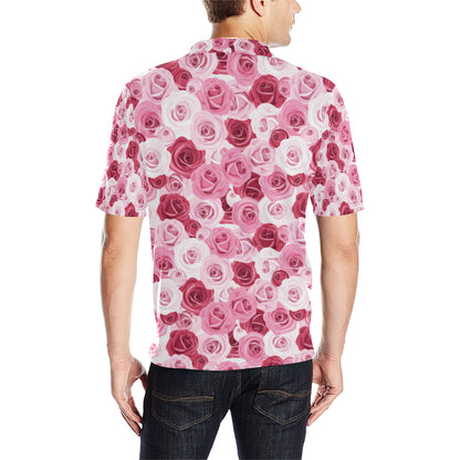 Pink Red Rose Pattern Print Men Polo Shirt